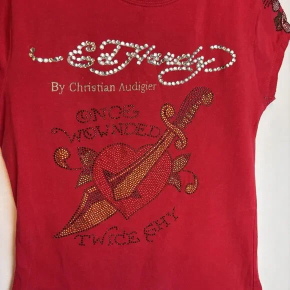 Ed Hardy Christian Audigier Snake True Love Y2K 2000s Red Tee Jeweled MEDIUM Wmn